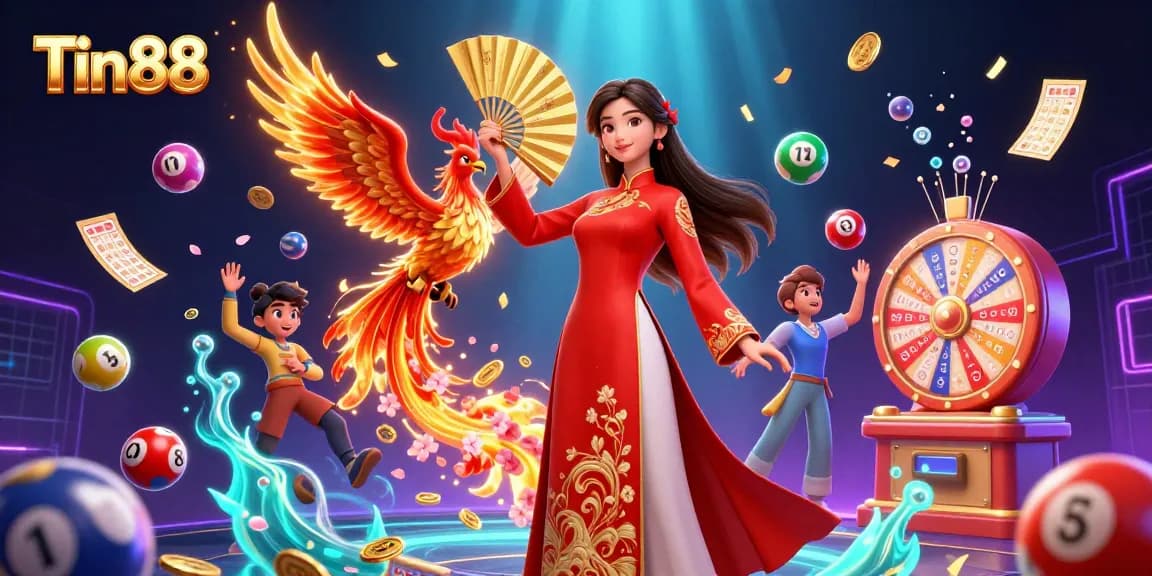 Experience the vibrant world of Tin88 with a beautiful woman and phoenix amidst lottery and casino elements.