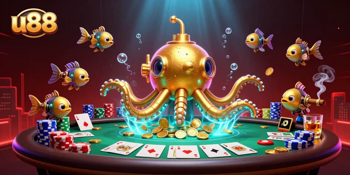 Experience thrilling gameplay at u88 with a vibrant illustration featuring golden kraken submarine amidst poker elements.