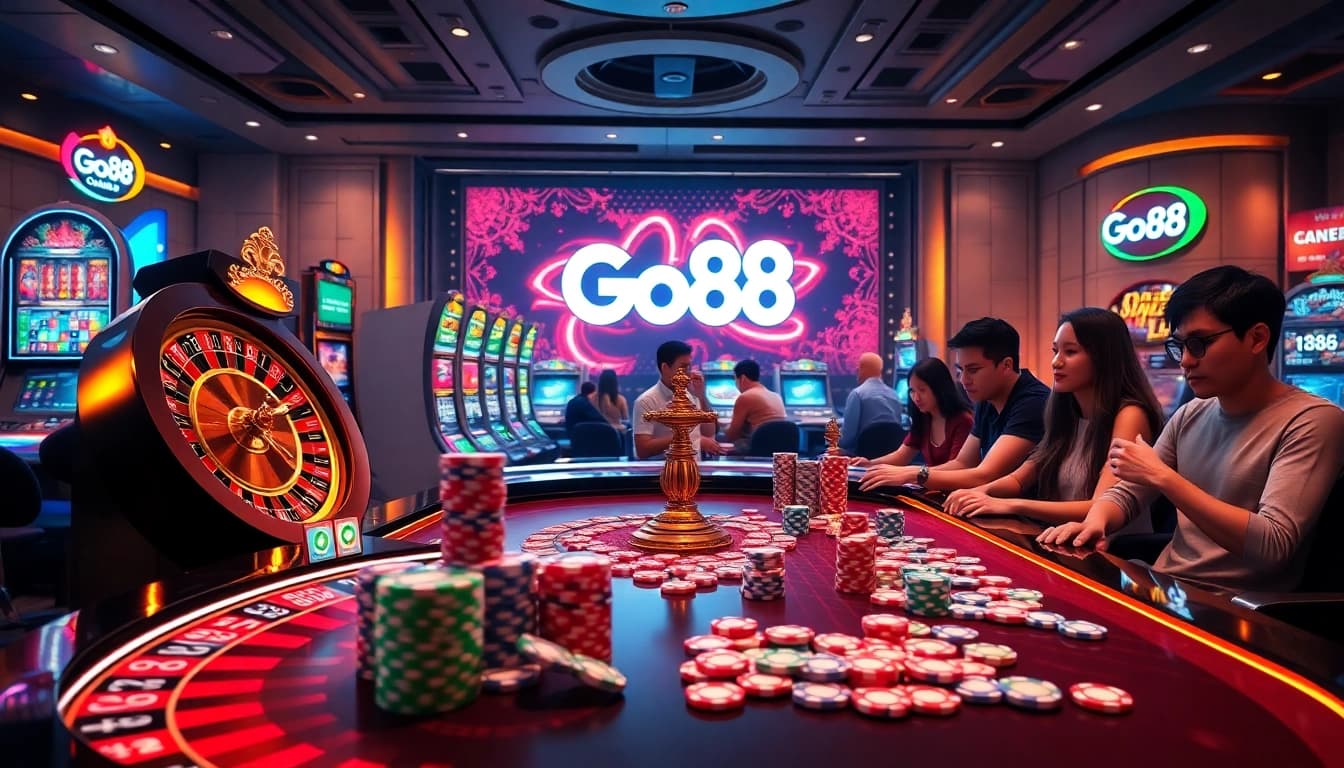 Go88 players enjoying a vibrant online casino atmosphere with roulette and slot machines.