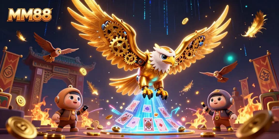 Engage in thrilling MM88 action with a cybernetic eagle and dynamic casino elements swirling around.