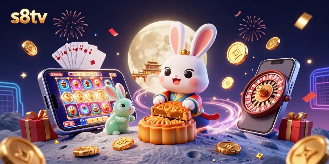 S8TV showcases a dynamic gambling scene with a moon rabbit revealing poker chips in an animated setting.