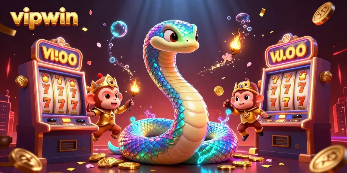 Spin for fortune at vipwin with a vibrant 3D casino illustration of a rainbow serpent and colorful slot machines.