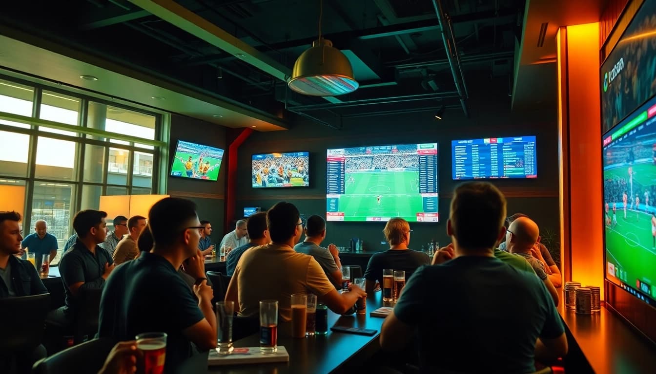 Engaging atmosphere of sports betting at a bar featuring tylelekeo88's football betting strategies.