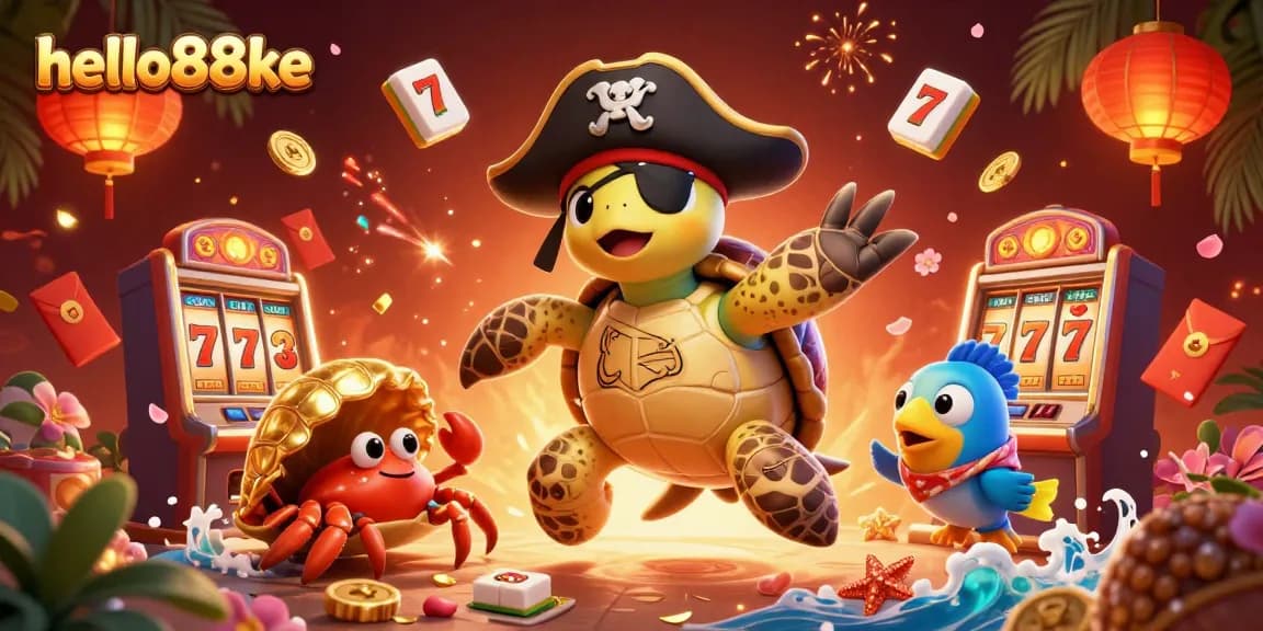 Join the excitement at hello88ke with our vibrant casino-themed 3D illustration, showcasing a playful pirate turtle and treasures galore.