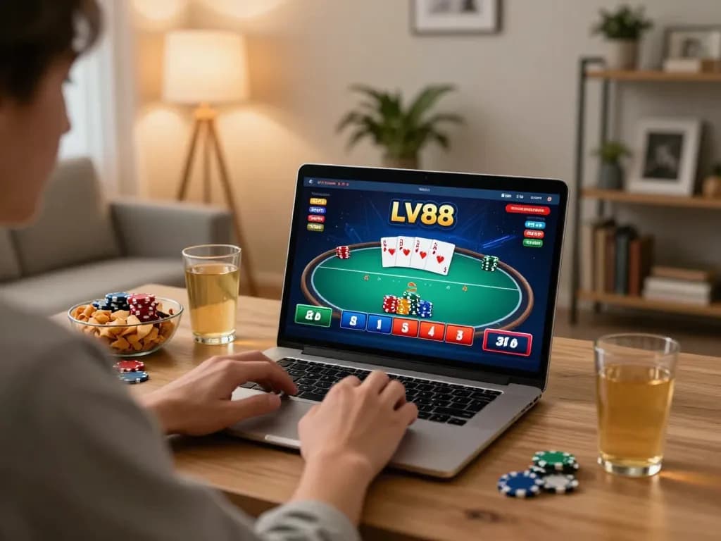 Engaged player exploring LV88 poker games in a cozy home setting, highlighting casual online gaming.