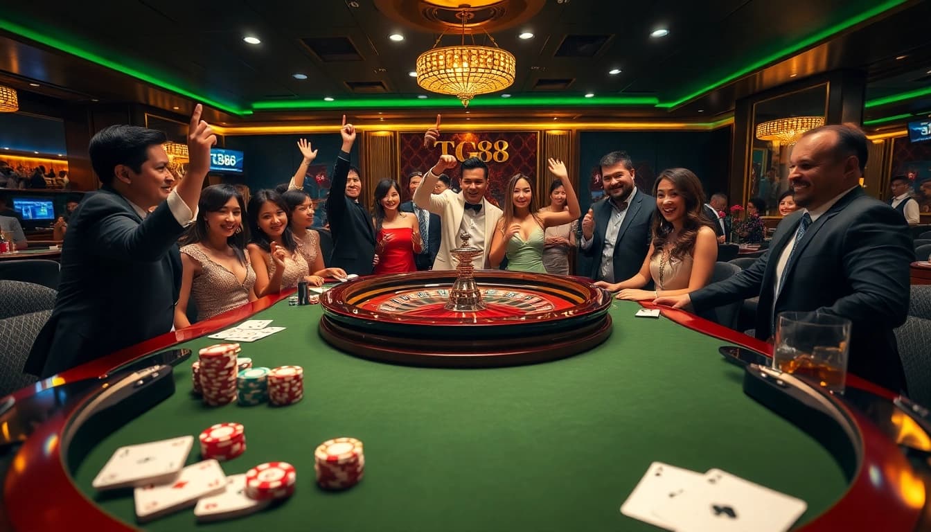 Celebrating victory with poker chips at tg88 win casino.