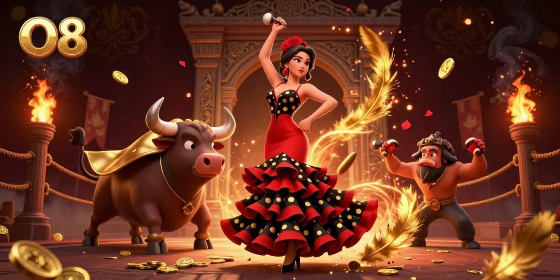Engage in electrifying betting with O8's stunning 3D casino illustration of a flamenco dancer and a fighting bull.