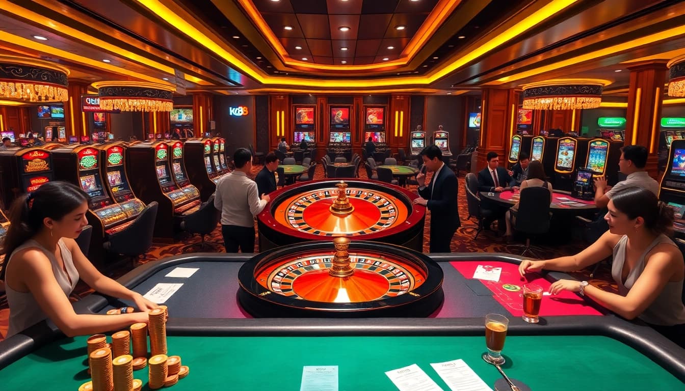 Excited gamblers playing at Ku88 casino with vibrant slot machines and roulette table.