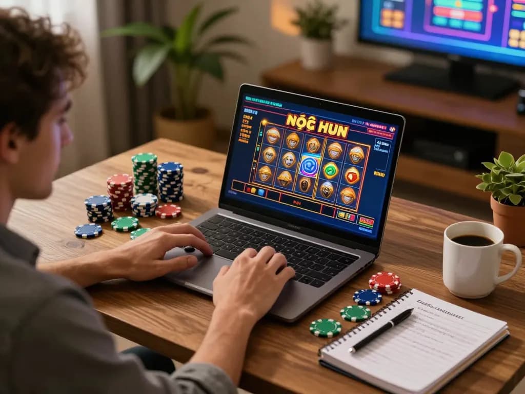 Playing nổ hũ game on a laptop in a cozy home setting, with colorful casino chips around.