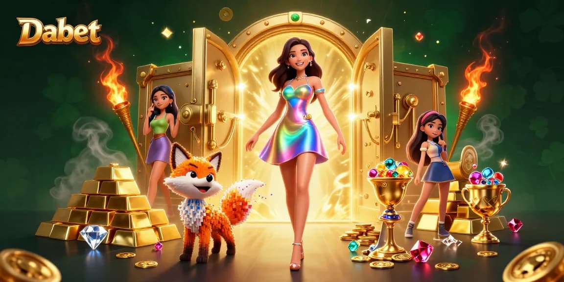 Dabet showcases vibrant slots action with jewels, gold, and a holographic theme in a luxury atmosphere.