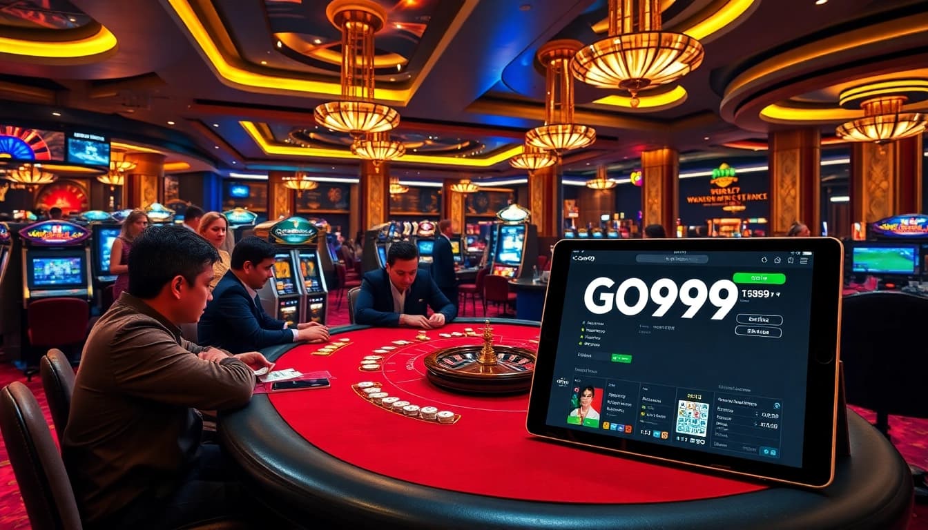 Engaging Go99 online gambling scene highlighting poker chips and vibrant casino atmosphere.