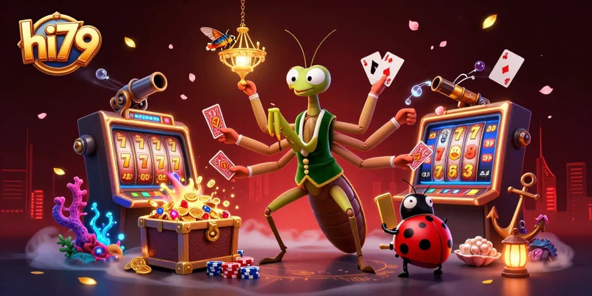 hi79 showcases an exciting online casino environment with slots, vibrant characters, and rich gaming elements.