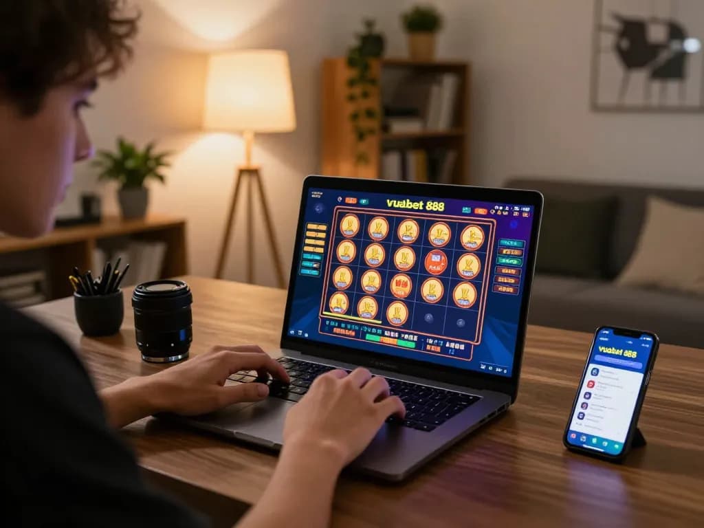 Engaging with vuabet 88 on a laptop during strategic online gaming session at home