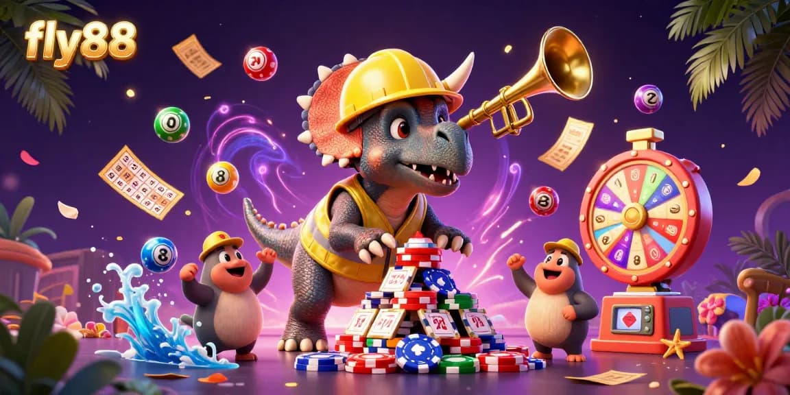 Engage with fly88's gaming adventure as triceratops builds poker chips surrounded by dynamic lottery elements.