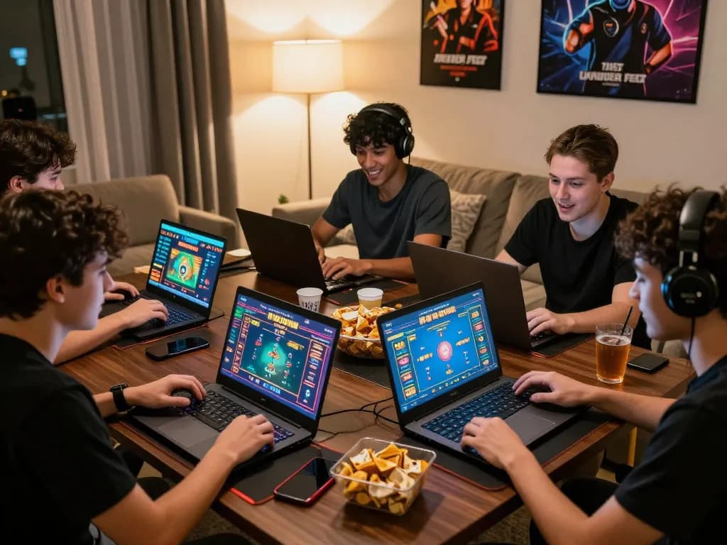 Casino enthusiasts enjoying games on the 789 club platform in a cozy living room setting, highlighting the engaging online gaming experience.