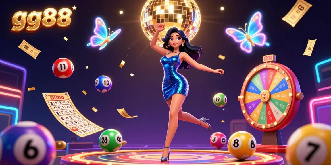Experience thrilling gaming action at gg88 with vibrant lottery elements and neon butterfly decorations.