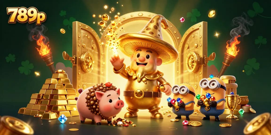 Experience the magic of 789p with a golden mushroom wizard and treasure elements in a vibrant 3D scene.