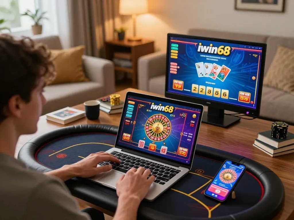 Engaging with iwin68 online casino games in a warm home setting, showcasing mobile and laptop gameplay.