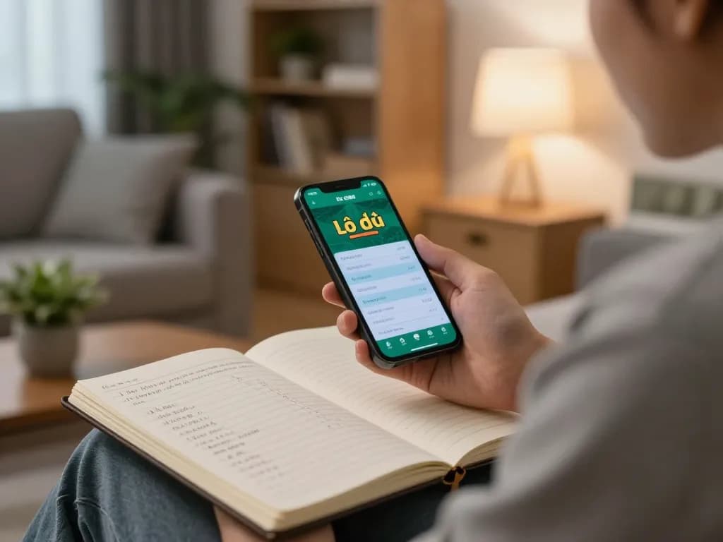 Engaging in lô đề online betting strategy with a smartphone in a cozy home atmosphere.