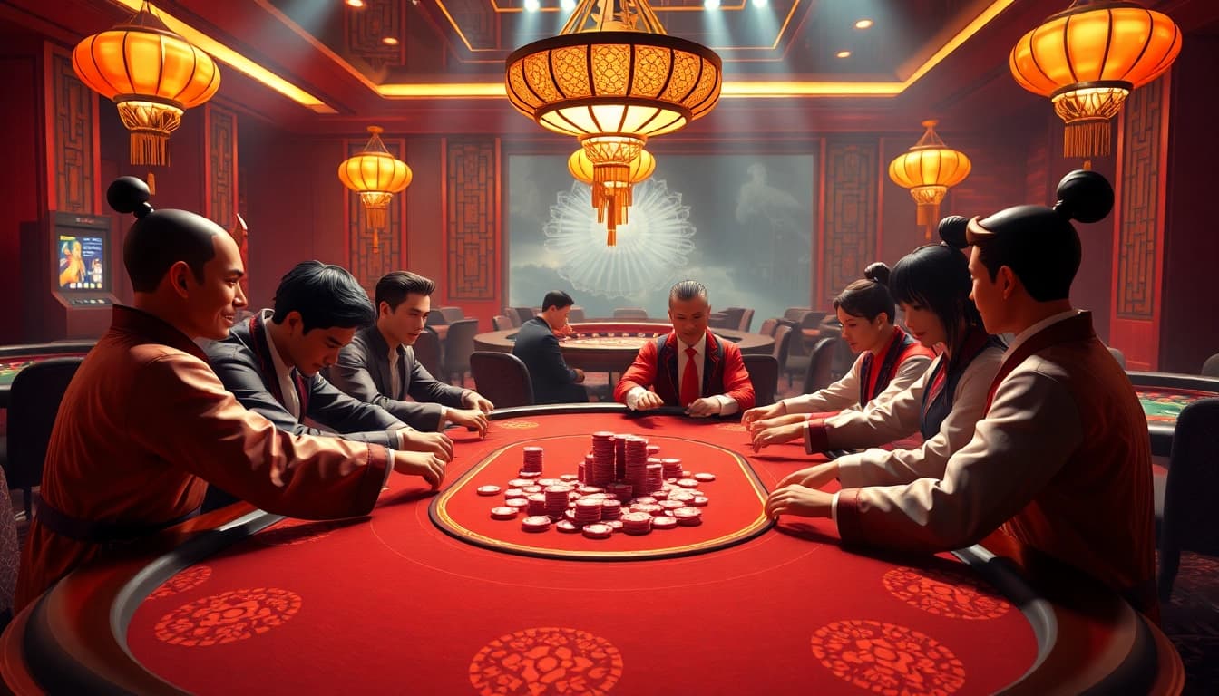 Engage in a thrilling poker game with animated characters in a luxurious kungfu-themed casino.