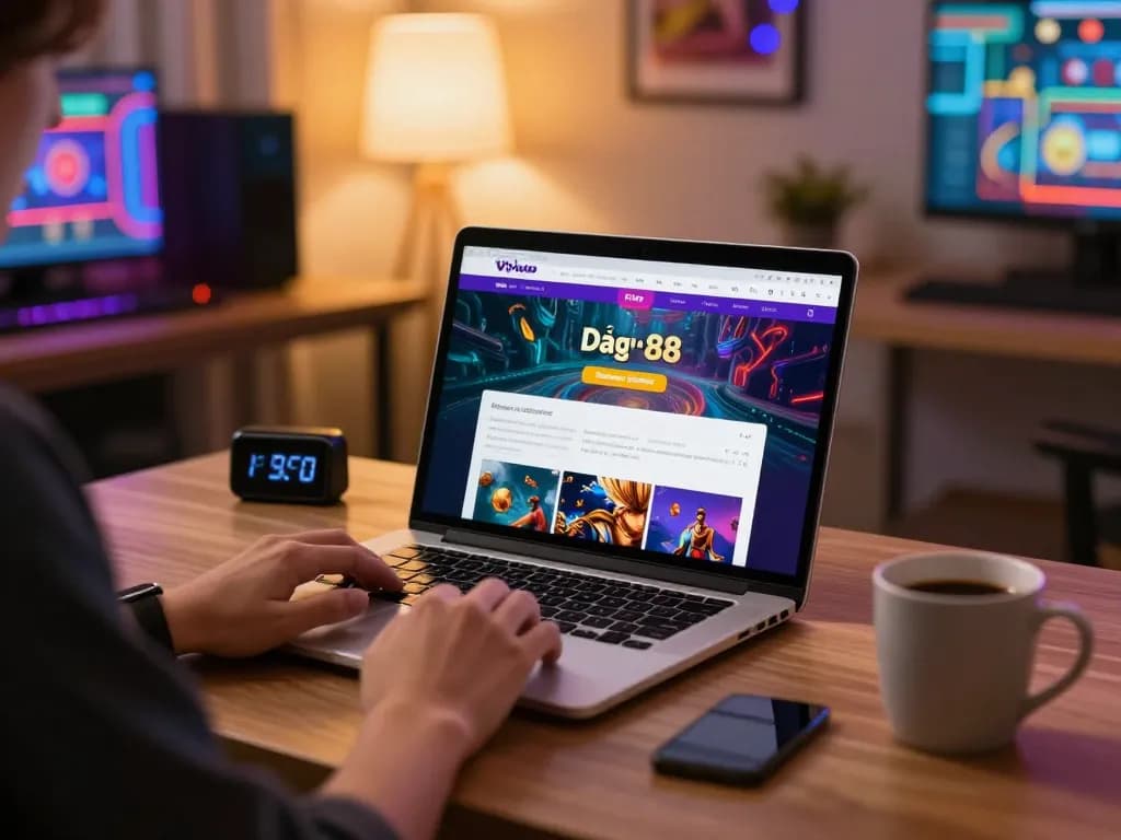 Register for Đăng ký Vivu88 with a laptop at a cozy gaming desk, showcasing strategy and relaxation.