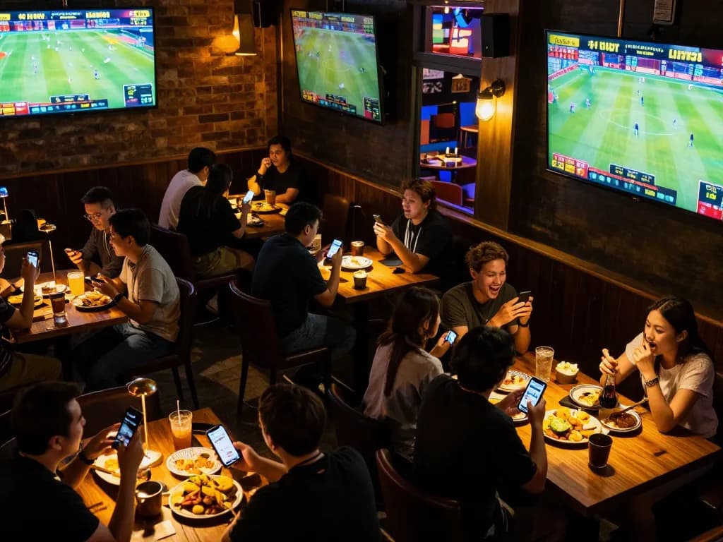 Exciting sports betting atmosphere showcasing link sbobet dewagg on multiple screens as patrons cheer.