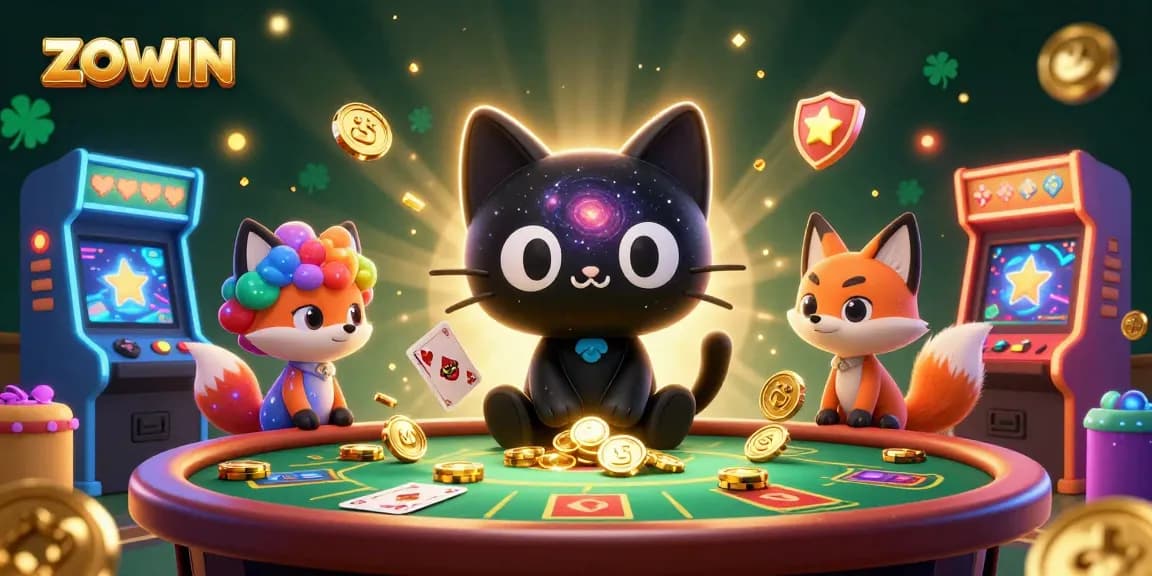 ZOWIN showcases an engaging cosmic casino scene with a black hole cat and galaxy-themed fox.