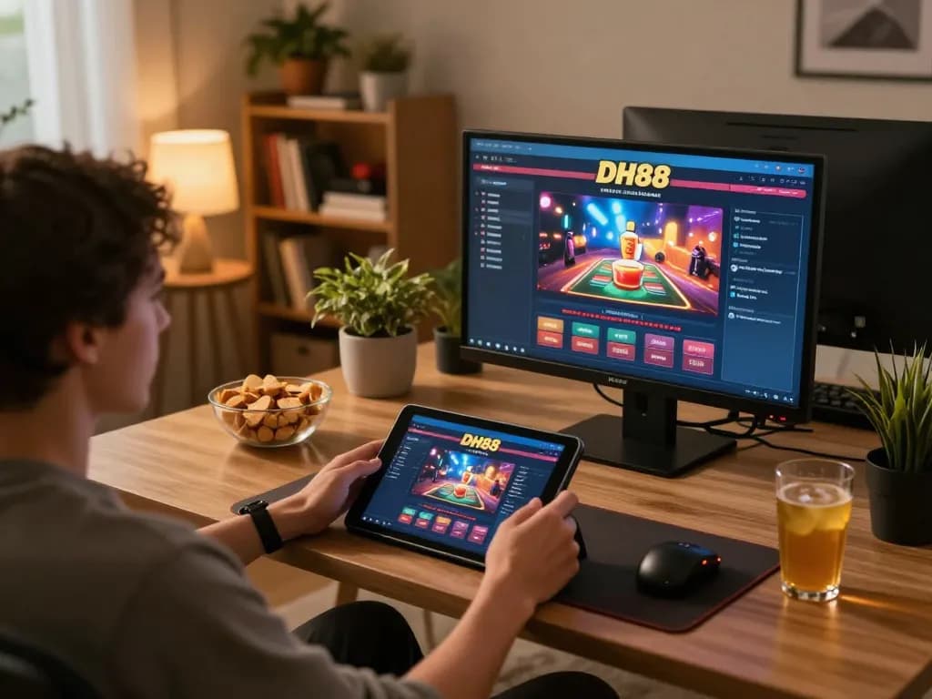Engaging with DH88 online casino platform while enjoying a cozy home gaming setup.