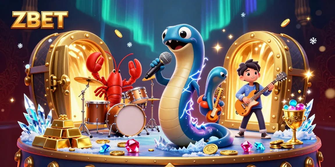ZBET showcases an electric eel DJing in an underwater casino, illuminating gems and treasures.
