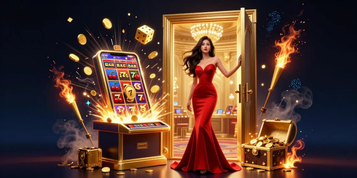 Experience the exciting world of mm88 as a stunning Asian woman in a mermaid gown stands in a luxurious casino doorway.