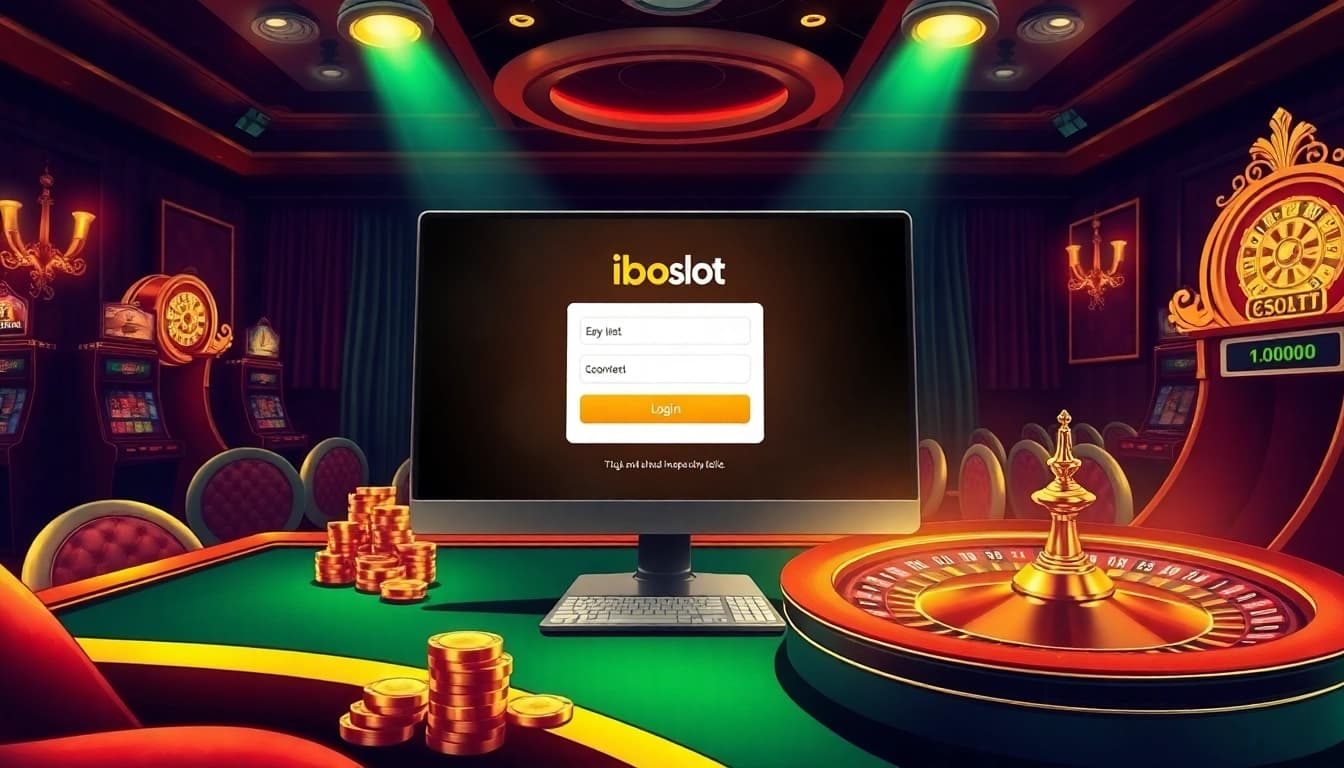 Iboslot login interface on a luxurious casino setting with vibrant colors and engaging visuals.