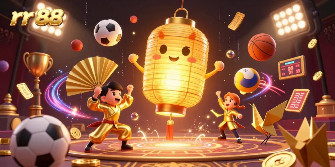 Win big with rr 88's vibrant casino illustration featuring dynamic sports elements and rich golden details.