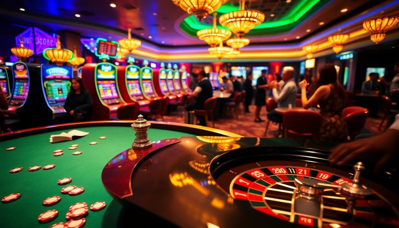 Cổng game Hitclub players enjoying an exciting casino experience with poker chips and roulette.