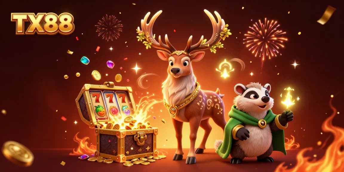 Engage with TX88 casino excitement featuring a Celtic druid stag amid dynamic slot reels