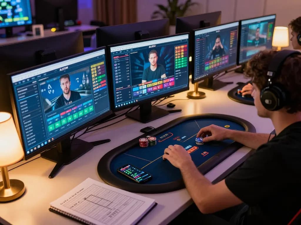 A person enjoys strategic online poker gameplay on ALO8 COM with multiple screens showing betting options