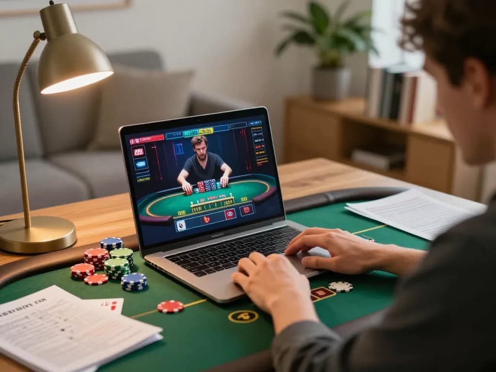 Engaging in a high-stakes poker game on a laptop, showcasing the 88aa gameplay strategy at home.