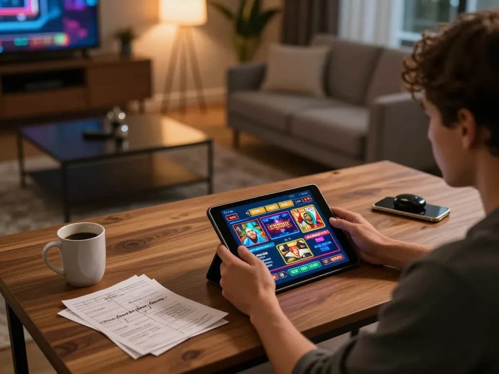 Luck8 user placing bets on online gaming platform with vibrant interface and warm ambience.