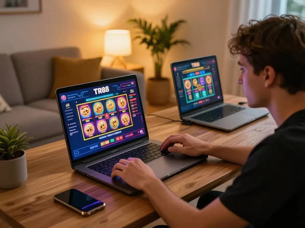Excited player using TR88 online gaming platform for strategic betting in cozy home setup.