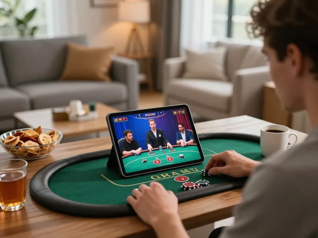 Player engaging in online poker on a tablet, experiencing the thrill of 33win gaming at home.