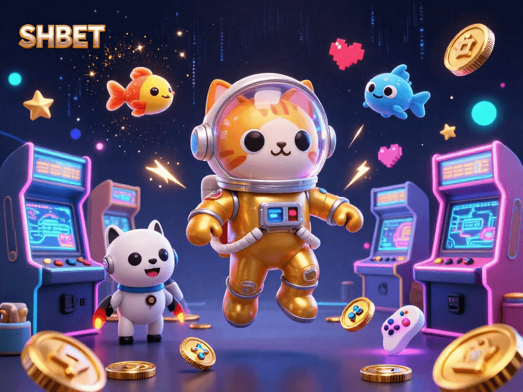 Experience the thrill with SHBET's vibrant 3D casino scene featuring a cat astronaut and dog companion.