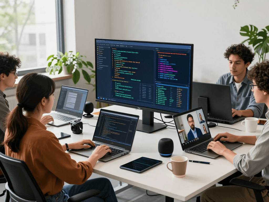 Team of developers using innovative technology in an AI-focused workspace while coding collaboratively.