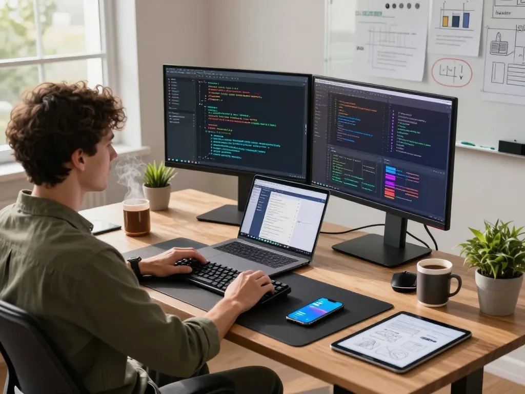 Moltbot AI utilized in a modern workspace with a developer coding on dual monitors, showcasing advanced software capabilities and vibrant data.