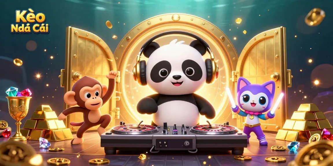 Engage with Kèo Nhà Cái through a dynamic 3D illustration featuring a DJ panda and vibrant casino elements.