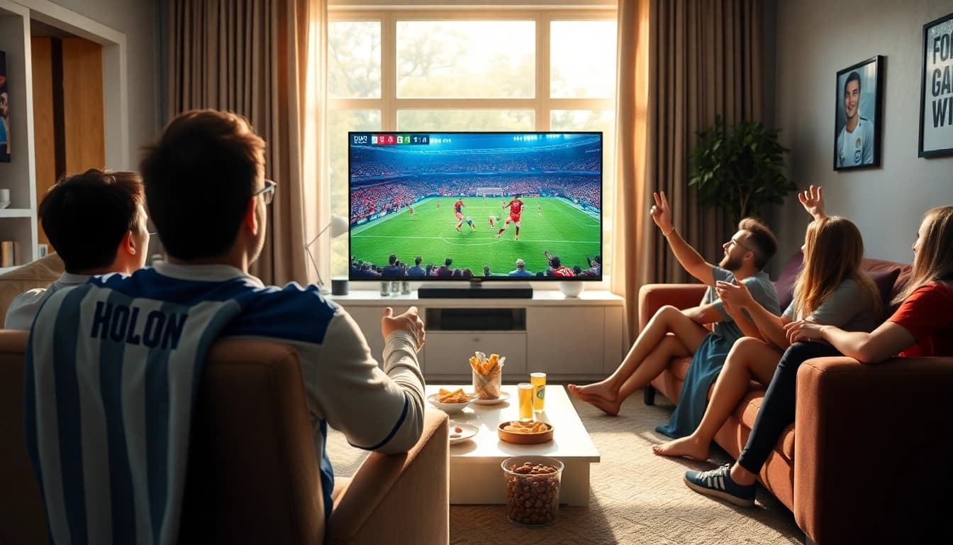 Xoilac TV live football streaming experience in a cozy living room.
