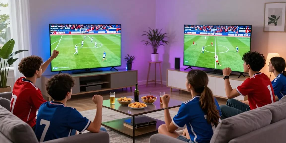Excited fans watching live Ca Khia TV trực tiếp soccer match in a cozy living room.