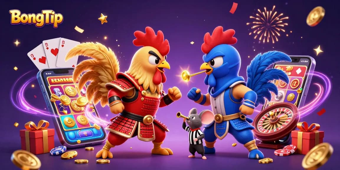 BongTip showcases a dynamic casino-themed showdown with cartoon roosters, gaming elements, and vibrant colors.