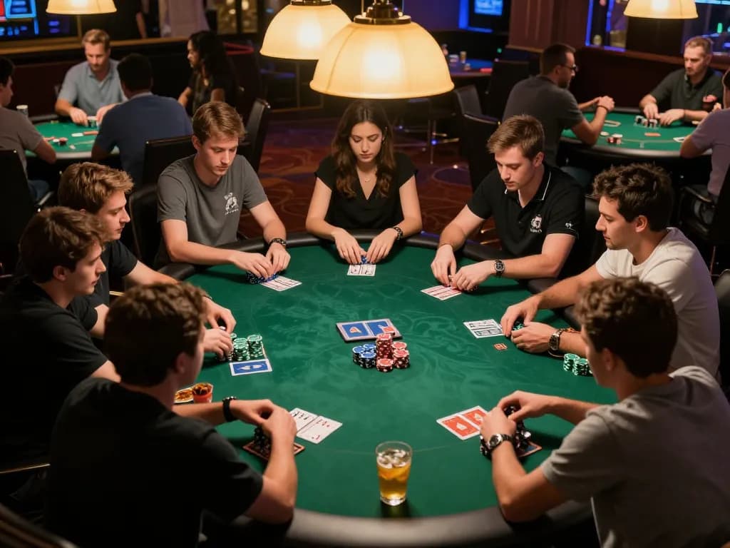 BOMWIN poker night with players facing off at a competitive table, showcasing chips and cards.