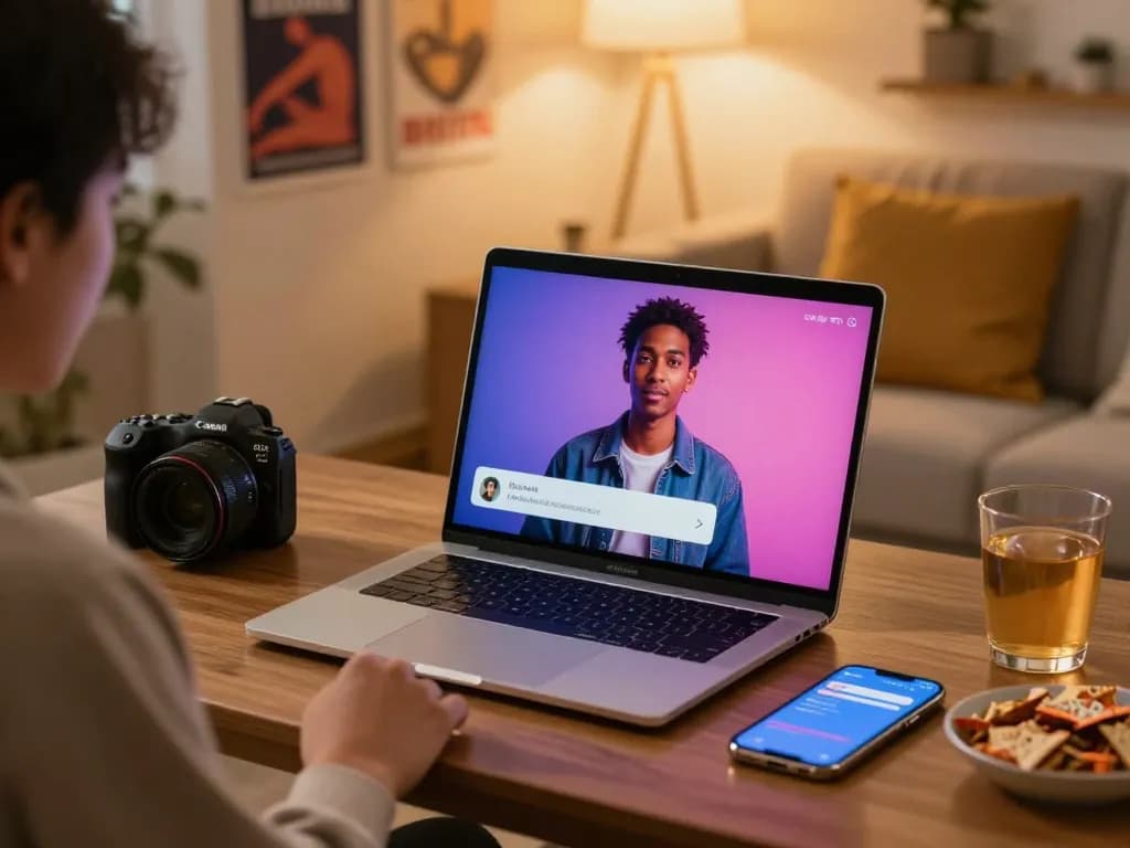 Engaging user experience with Crushon AI chat on a modern laptop in a cozy home setting.