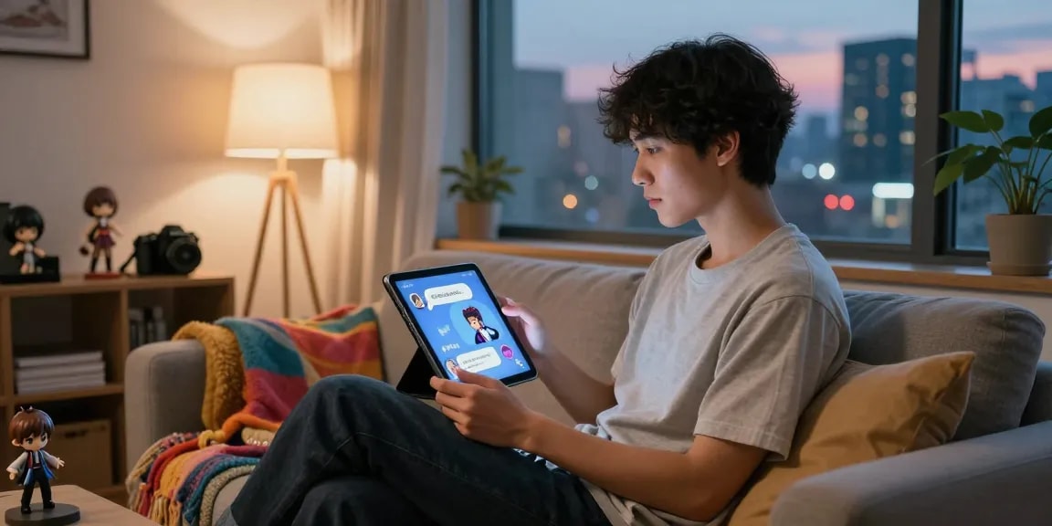 Engaging with ecchi chat ai on a cozy tablet display in a vibrant living room.