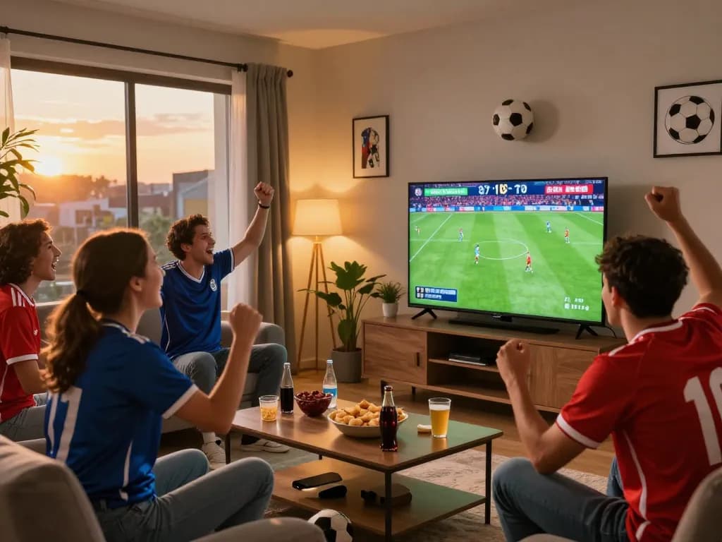 Friends enjoying a thrilling 7m football match in a lively living room setting.